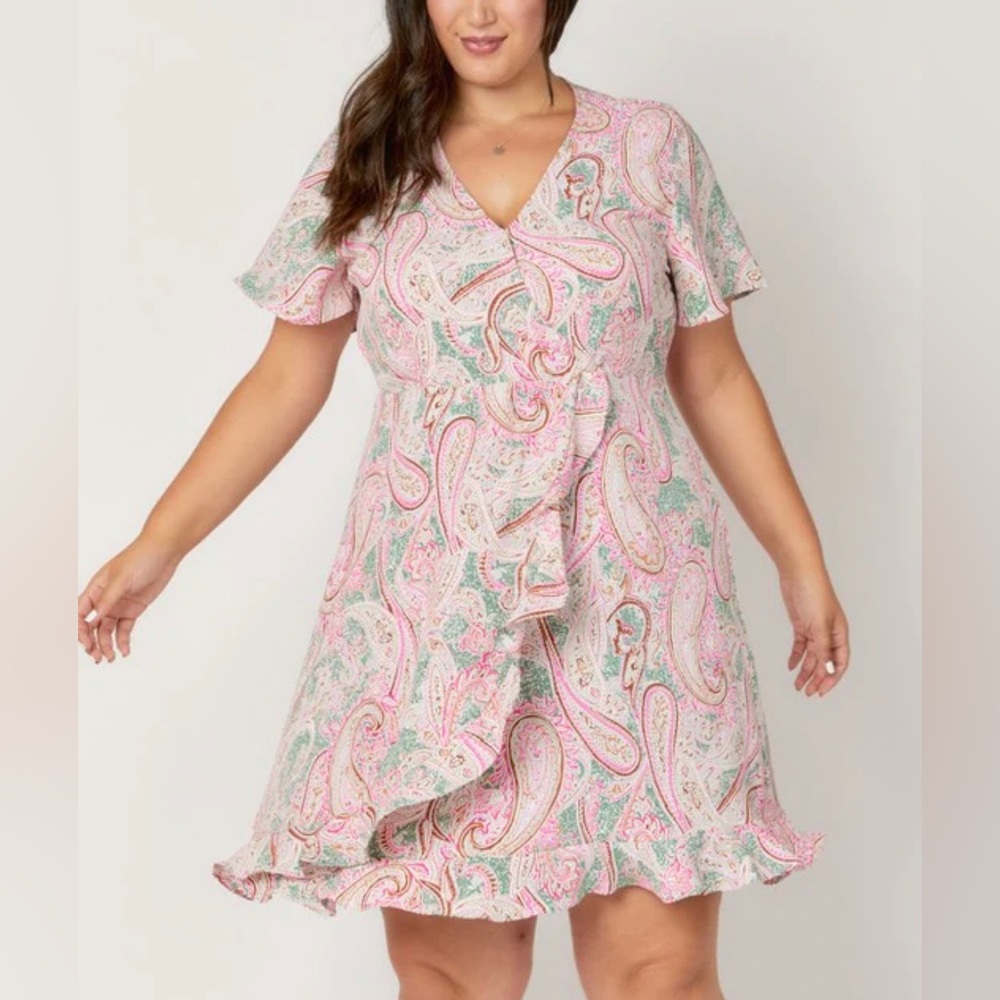 NWT Davi & Dani Floral Paisley Faux Wrap Dress Size 1X Flutter Short Sleeves